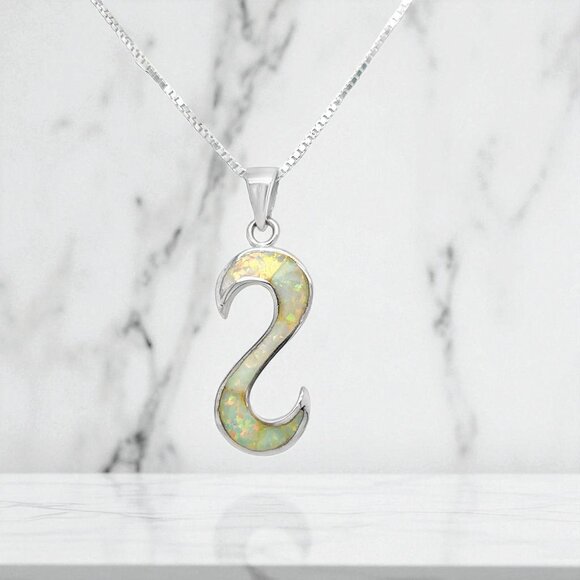 Jewelry - Lab Created White Opal Inlay Curved Pendant in 925 Sterling Silver